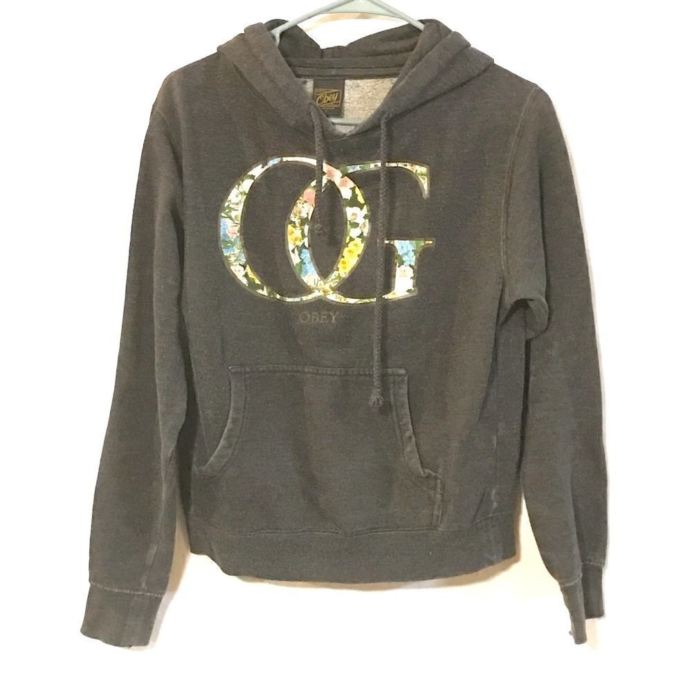 Obey Athletic Small Women Gray Hoodie OG Floral Flowers Long Sleeve Sweater